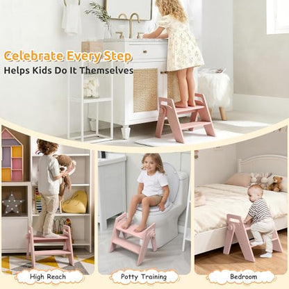 Wooden 2 Step Stool for Toddler Kids Bathroom Foldable 2-Step for Toilet Potty Training, Child Stepping Stool for Kitchen Nursery Bedroom Pink - color: Pink