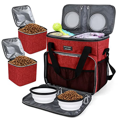 BAGLHER Dog Travel Bag, Pet Travel Bag (ALL Pet Travel Supplies), With 2 Pet Food Containers and 2 Collapsible Silicone Bowls; Essential Kits for Travel Red - color: Red, size: Medium