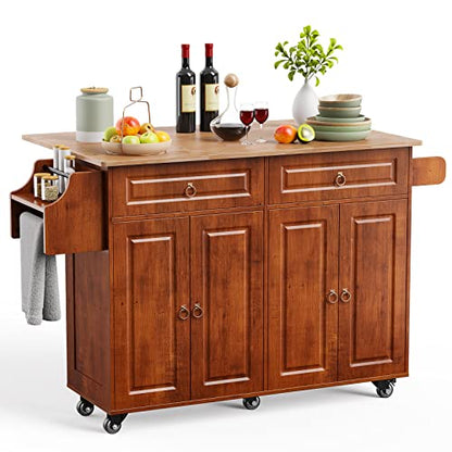 Qsun Kitchen Island with Drop Leaf and Storage, on Wheels Two Drawers, Large Storage Cabinet, Towel Rack Spice Cart Brown - color: Brown