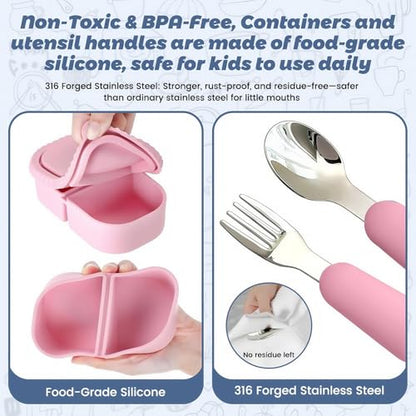 Silicone Snack Containers for Kids (8.5Oz, 2-Compartment)+ Kids Silicone Cutlery Set (Spoon and Fork) - BPA Free, Leak Proof, Great for Toddler/Kid/Adult Meal Prep Containers (pink) - color: pink