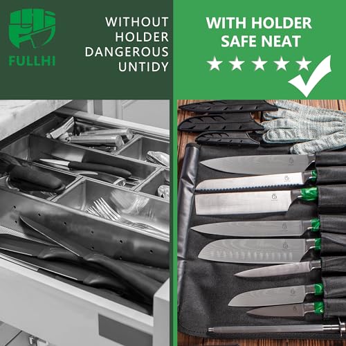 FULLHI 15pcs Japanese Knife Set with Magnetic Knife Block Holder, Japan Stainless Steel Blades, Green Resin Ergonomic Handles for Professional and Home Cooking - color: Green, size: Magnetic Block Knife set