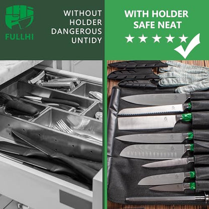 FULLHI 15pcs Japanese Knife Set with Magnetic Knife Block Holder, Japan Stainless Steel Blades, Green Resin Ergonomic Handles for Professional and Home Cooking - color: Green, size: Magnetic Block Knife set