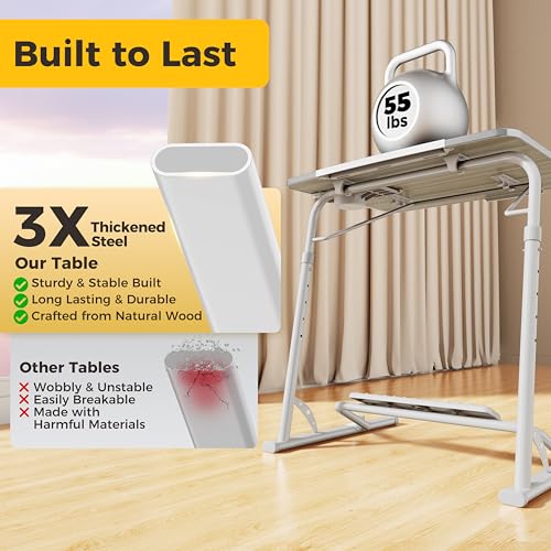 FoldWise Upgraded Folding TV Tray Table - Extra Large & Sturdy Laptop Table for Couch, Height & Angle Adjustable Desk for Dinner, Work & TV - Includes Footrest, Cup Holder, iPad Holder & Edge Stopper - color: (White) - Bright Wood