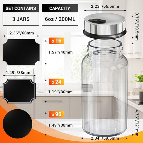 Segarty Spice Jars Set, 3 Pack 6 oz Glass Spice Jar with Labels, Seasoning Bottles Set with 136 Blank Stickers, 1 Chalk Marker, 1 Brush, Salt and Pepper Shakers with Ajustable Holes Lids - size: 7oz / 200ml