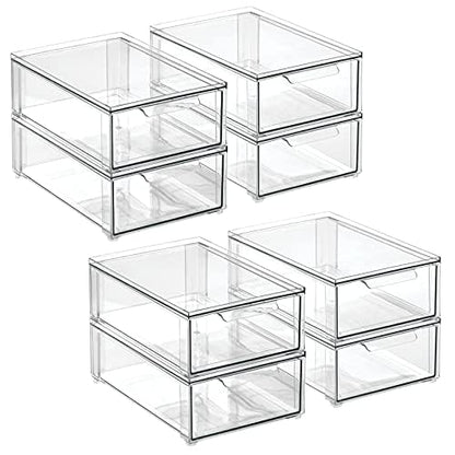 mDesign Plastic Stackable Bathroom Storage Organizer Bin with Pull Out Drawer for Cabinet, Vanity, Shelf, Cupboard, Cabinet, or Closet Organization - Lumiere Collection - 8 Pack - (Clear, 8 x 12 x 4) - size: 8 x 12 x 4 (Pack of 8)