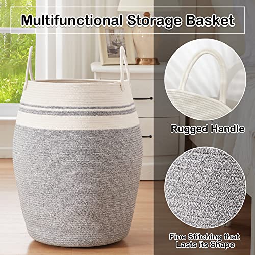 OIAHOMY Laundry Hamper Woven Cotton Rope Large Clothes Hamper 25.6" Height Modern Curve Basket with Extended Cotton Handles for Storage Clothes Toys in Bedroom, Bathroom, Foldable (White & light grey) - color: White & light grey