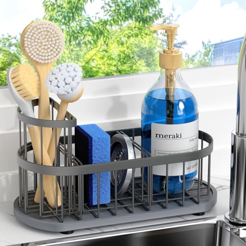 Sponge Holder for Kitchen Sink with High Brush Holder, [Stay-Dry Anywhere & No Drainage Needed] Rustproof Stainless Steel Kitchen Sink Caddy Organizer with Water Absorbing Stone Tray, Grey - color: Grey