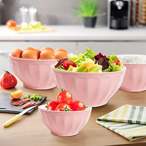 Mixing Bowls with Lids Set,4 Piece Large Plastic Nesting Bowls,Includes 4 Microwave safe Mixing Bowl and An Egg Whisk for Kitchen Prepping,Baking,Cooking Food, Pink - color: Pink