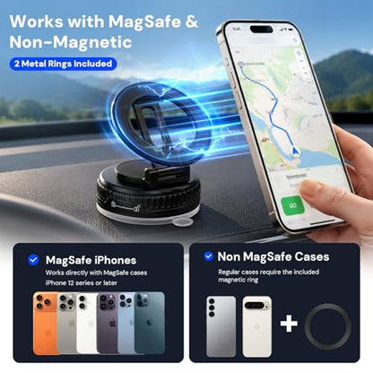 2026 Upgraded Magnetic Car Phone Mount for MagSafe: 360° Rotatable Adjustable Holder with 98LBS Strong Suction Cup & 2400gf Magnet, Compatible with iPhone 17/16/15 Series & Android Devices - color: B. J37-White Base