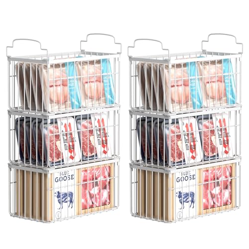 Freezer Organizer Bins, 6 Pack Stackable Deep Chest Freezer Organizer Bins, Foldable Freezer Baskets with Handles, White Freezer Storage Organizer Baskets for 7 Cu.FT Deep Freezer Sort Frozen Meats - color: white 6 pack