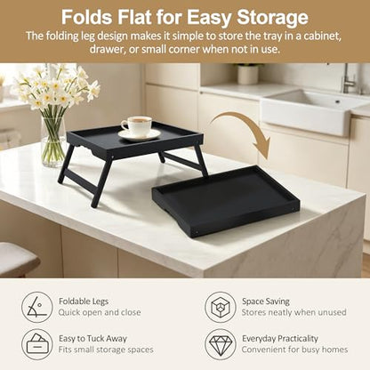 Large Breakfast Tray with Folding Legs Set of 2, 16.9" x 12.2" Bamboo Bed Tray Table with Ergonomic Wave Handles, Foldable TV Dinner Tray for Bed Couch Sofa, Breakfast, Laptop, Coffee, Black - color: Black, size: Large