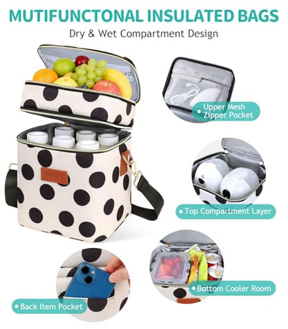 PIIOSER Breastmilk Cooler Bag with Ice Pack, Fits 6 Baby Bottles Up to 9 Oz, Stylish Baby Cooler Travel Bags with Shoulder Strap, Double Layer & Leakproof for Nursing & Working Moms, Black Polka Dots - color: Black Polka Dots