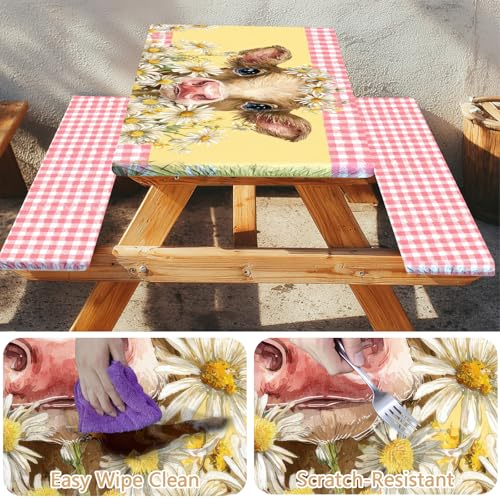 Picnic Table Cover with Bench Covers Elastic Edges, Outdoor Patio Camping Essentials 72 Inch 3PCS, Waterproof Camping Fitted Tablecloth with Handbags (Pink check daisy cow) - color: Pink checkered cow, size: 72" x 30" (Rectangular)