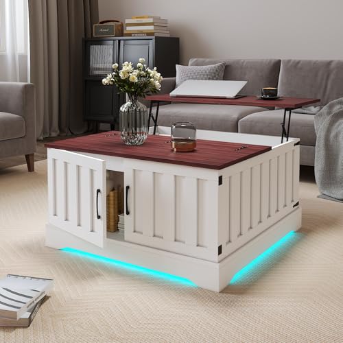 HedoAjim Lift Top Coffee Table with Storage, 31.5" Square Coffee Table with Large Hidden Storage, Wood Living Room Table Center Table for Living Room Dining Reception Room - color: White Brown