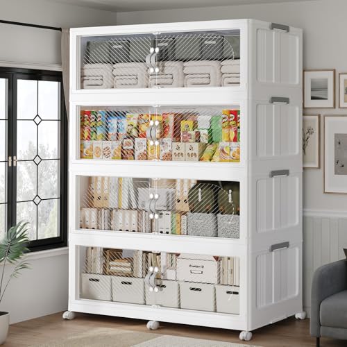 240GAL/960QT Plastic Storage Bins with Lids & Wheels, Collapsible Stackable Storage Boxes, Large Folding Cabinet Organizers for Closet Home Kitchen Office, 4Pack White - color: White, size: 60Gal-4Pack