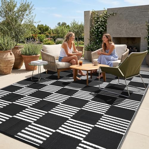 Garvee Waterproof Outdoor Rug 9x12, Checkered Foldable Plastic Straw Patio Camping Rug, Outdoor RV Carpet for Deck Camper Porch Balcony Backyard Picnic Beach Black and White - color: Black & White, size: 9' x 12'