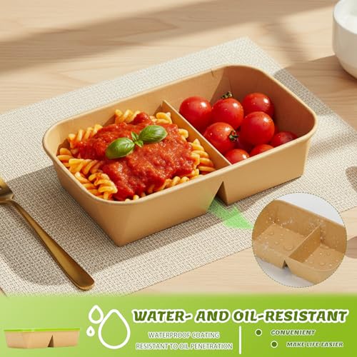 8 Pack 32oz Paper Lunch Box Bento Boxes, 2-Compartment Kraft Brown Paper Take Out Food Containers with Lids, Leakproof & Microwave Safe, Disposable To Go Boxes for Picnics, Offices, Catering, Green - color: Green Lid & Kraft Brown Box