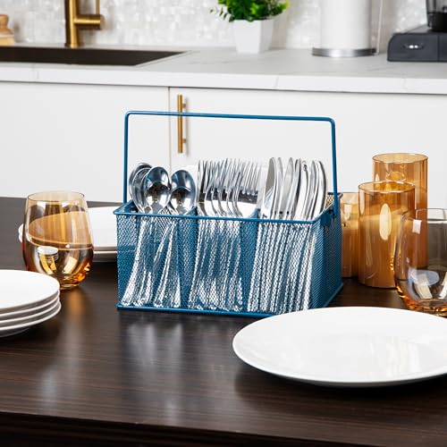 Mind Reader Multi-purpose Storage Caddy with Handle, Desktop Organizer, Cutlery Holder, 4 Compartments, Metal Mesh, Turquoise - color: Turquoise