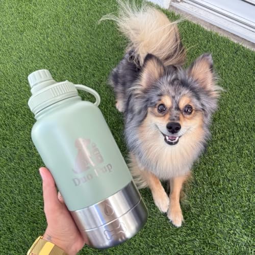 DuoPup 32oz Insulated Stainless Steel Pet Water & Food Bottle – Portable Leak-Resistant Dispenser with Two Detachable Bowls & Carrying Strap – Travel, Hiking & Outdoor Pet Hydration – LightGreen - color: Light Green