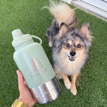 DuoPup 32oz Insulated Stainless Steel Pet Water & Food Bottle – Portable Leak-Resistant Dispenser with Two Detachable Bowls & Carrying Strap – Travel, Hiking & Outdoor Pet Hydration – LightGreen - color: Light Green