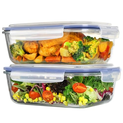 Vtopmart 2Pack 2260ml/ 76.4oz Large Glass Storage Containers with Lids, Meal Prep Food Container Set with Snap Airtight Lid for Baking, Microwave, Oven, Leak Proof, for Freezer, Dishwasher, Blue - color: Blue, size: 76.4oz