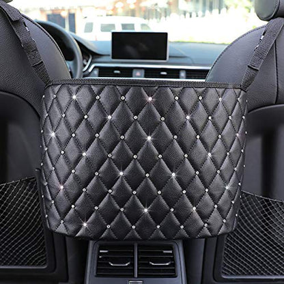 Car Pocket Handbag Holder Purse Hook for Car Leather Seat Back Organizer Holder Barrier of Backseat Pet Kids for Car Handbag Holder Between Two Seats of Car - color: Black with Diamond