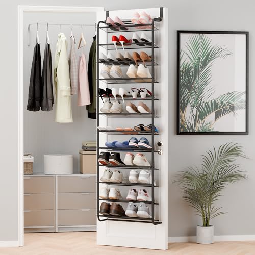Whitmor 36 Pair Over The Door Shoe Organizer, 12 Tier Hanging Shoe Organizer, Heavy Duty Metal & Mesh Shoe Holder, Hanging Shoe Rack for Closet Organizer, 74" L x 21.7" W x 7.5" H, Matt Gunmetal - color: Matt Finish Gunmetal