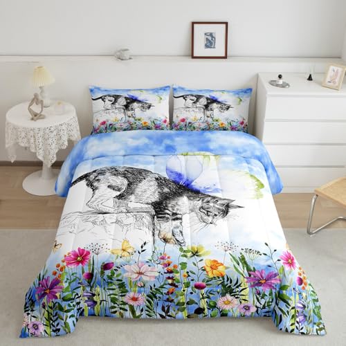 Erosebridal Cat Comforter Colorful Flower Bedding Set Cute Pet Animal Down Queen Butterfly Floral Leaves Plant Duvet Black and White Kawaii Farmhouse Room Decor Blue 3Pcs Warm Soft - color: Multi 04, size: Queen