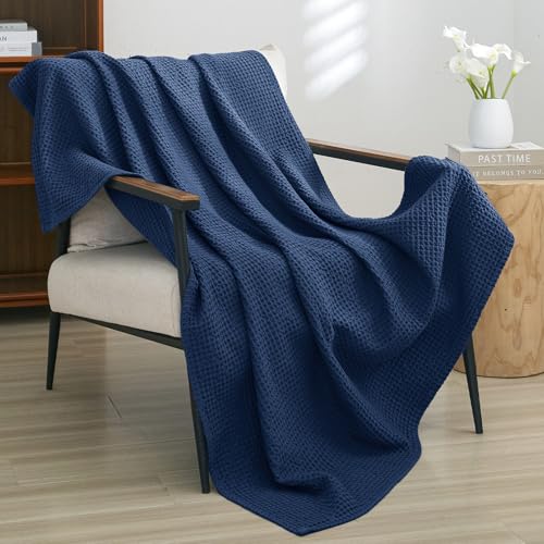 PHF Pre-Washed 100% Cotton Waffle Weave Throw Blanket for Couch, Lightweight Breathable Bed Blanket for Spring Summer, Snag Proof Machine Washable, Home Decor Gift - Navy Blue/Bright Blue - color: Navy Blue/Bright Blue, size: Throw(50" x 60")