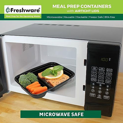 Freshware Meal Prep Containers [15 Pack] 2 Compartment with Lids, Food Storage Containers, Bento Box, BPA Free, Stackable, Microwave/Dishwasher/Freezer Safe (28 oz), Black - size: 2-COMP-28OZ-15PK