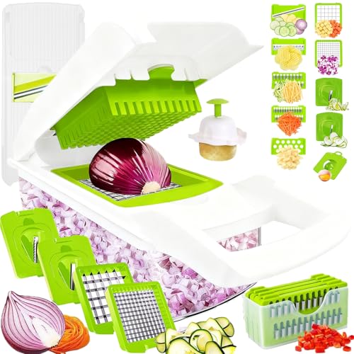 Pro-Series 20-in-1 Vegetable Chopper, Dewpeton Mandoline Slicer, Veggie Chopper, Food Chopper with Container, Vegetable Cutter Chopper & Spiralizer for Onion Salad (Home Essential Gadget & Kitchen) - color: White, size: 10 Blades