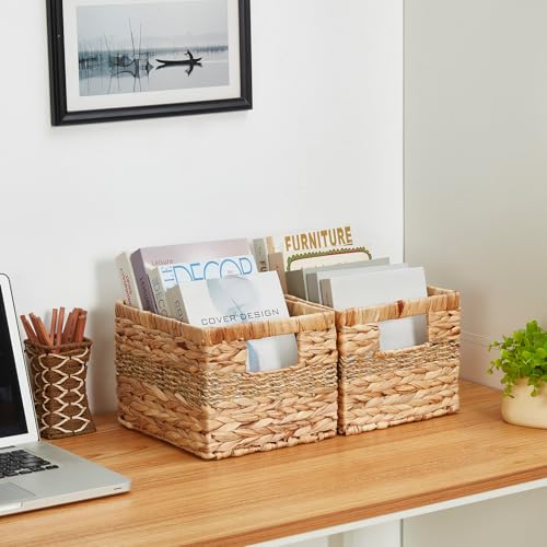 Bagnizer Water Hyacinth Wicker Basket, Decorative Woven Baskets with Built-in Handles, Hand-woven Storage Organizer for Organizing Pantry, Livingroom, Bedroom, Shelves, Toilet(2-PACK, Blended)