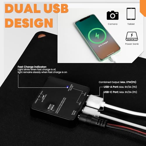 FieryRed 10W 12V Solar Panel Car Battery Charger & Maintainer, Waterproof Trickle Charger with Built-in Controller, Cig Plug, Alligator Clips, USB-C, USB-A Outputs for Car, Boat, RV, Tractor - size: 10W
