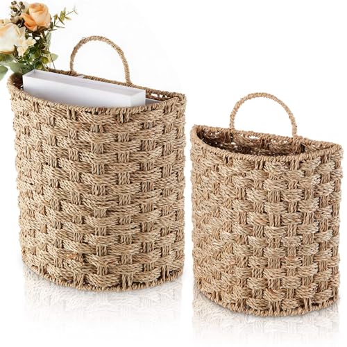 Chunful 2 Pcs Seagrass Hanging Wicker Basket, Natural Wicker Decorative Baskets, Handmade Woven Storage Organizer for House Garden Wedding Wall Decorations, Large & Small Size - style: Sea Grass