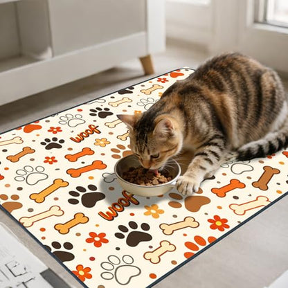 Nuxovilar Pet Food Mat Dog Supplies Woof-Printed Polyester (23.62×17.71 inches) Bowl Water Spill Pad Feeding Gear for Kitchen, Pantry, Pet Space - color: YE06001