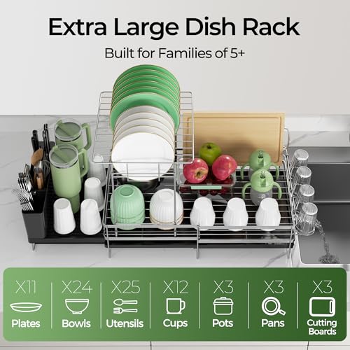 Large 2 Tier Dish Drying Rack, Extendable Dish Rack, Stainless Steel Anti-Rust Dish Rack for Kitchen Counter, Multifunctional Dish Drainer with Utensil & Cup Holder, 13.4"-28.7" L x 11.8" W - color: Silver, size: 2 Tier
