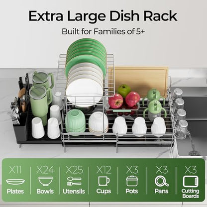 Large 2 Tier Dish Drying Rack, Extendable Dish Rack, Stainless Steel Anti-Rust Dish Rack for Kitchen Counter, Multifunctional Dish Drainer with Utensil & Cup Holder, 13.4"-28.7" L x 11.8" W - color: Silver, size: 2 Tier