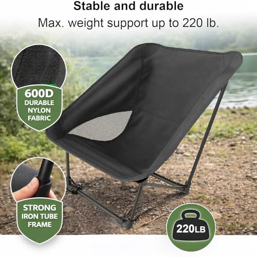 Portable Camping Chair for Young Adults and Teens, Holds 220 LB, Lightweight & Compact Foldable Camp Chair for Backpacking Travel, Outdoor Folding Chair for Beach, Sports, Fishing, Lawn & Concert