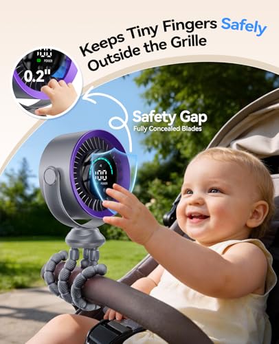 KIMMOO Portable Baby Stroller Fan, 360° Adjustable Quiet Rechargeable USB Fan with LED Display, 100 Speeds Safe Clip Fan for Stroller, Powerful Cooling Fan for Golf Car Seat Treadmill Travel, Grey - color: Grey