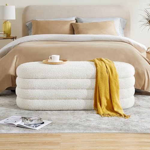 Busaurus Storage Ottoman Bench 49.2 Inch Upholstered Fabric Storage Bench for Bedroom End of Bed Aesthetic Large Oval Ottoman for Living Room Entryway (Ivory) - color: Ivory