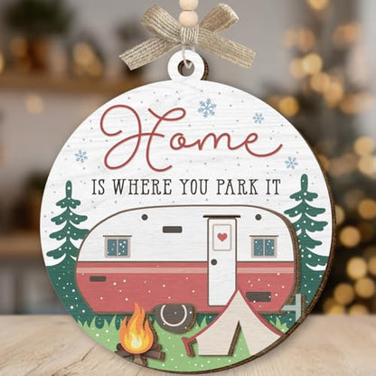 Camping Ornaments 2025, Camper Gifts for Women Men, Home is Where You Park It Wooden Ornaments for Christmas Decorations, Travel Gifts for Friends, Family, Exchange Ideas