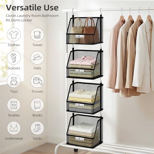 STORAGE MANIAC 3 Tier Hanging Closet Organizer with Mesh Baskets, Clothes Hanging Shelves, Foldable Stackable Storage, Space-Saving Collapsible Basket with Hooks for RV, Dorm, Bedroom, College, Black - size: 3 Tier
