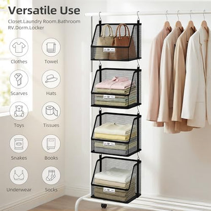STORAGE MANIAC 3 Tier Hanging Closet Organizer with Mesh Baskets, Clothes Hanging Shelves, Foldable Stackable Storage, Space-Saving Collapsible Basket with Hooks for RV, Dorm, Bedroom, College, Black - size: 3 Tier