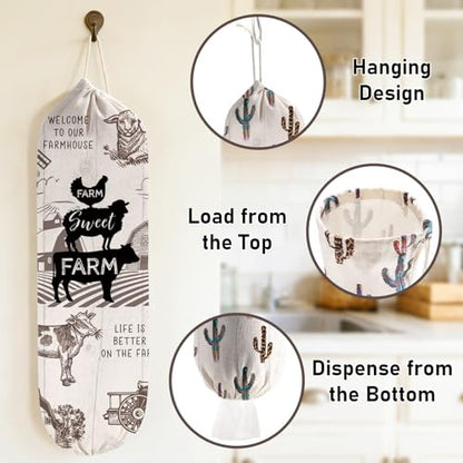 2Pcs Farmhouse Plastic Bag Holder for Kitchen Essentials, Reusable Hanging Grocery Bag Organizer, Washable Large Grocery Trash Bags Storage Dispenser, Farmhouse Home Decor - style: Farmhouse