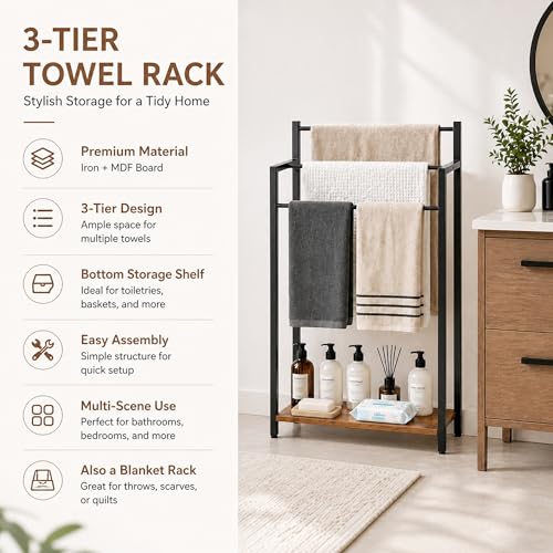 Freestanding Towel Rack, 3 Tier Blanket Ladder Stand with Rustic Brown Wooden Shelf for Bathroom Living Room (31.5" H x 16.9" W x7.9 D) - color: Rustic Brown, size: 31.5"H x 16.9"W x7.9"D