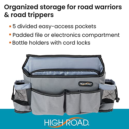 High Road SwingAway Front Seat Car Organizer for Daily Driving Essentials with Side Bottle and Cup Holders - color: Gray