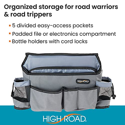High Road SwingAway Front Seat Car Organizer for Daily Driving Essentials with Side Bottle and Cup Holders - color: Gray