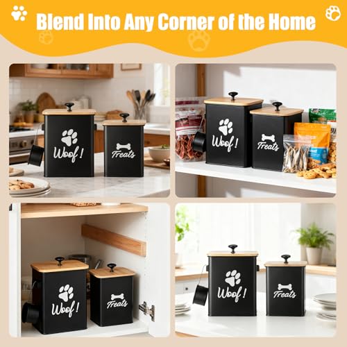 Dog Treat Containers Set of 2, Dog Food Storage Containers with Airtight Lids, Metal dog treat jars for Kitchen Countertop, Pet Food Canister Keep Snack Fresh, 5.9"×5.9"×7.1", Black - size: 5.9*7.1&4.9*6.1