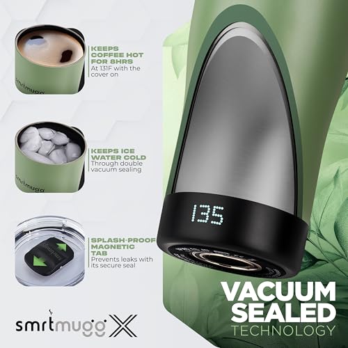 SmrtMugg X Heated Coffee Mug 19 oz., 8 Hour Battery Life, Self-Heating, Adjustable Temp Controlled, LCD Screen, Includes Cover with Magnetic Slider (Black) (Sage Green) - color: Sage Green