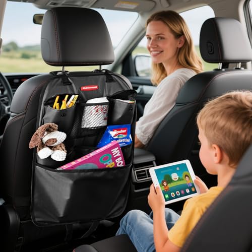 Rubbermaid Backseat Car Organizer, Kick Mats and Seat Back Protector, Car Organizer for Kids with 6 Storage Pockets, Travel Essentials for SUV, Truck, Car - 2 packs Black